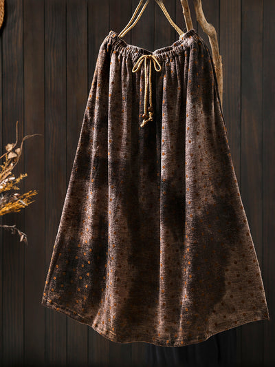 Women Autumn Retro Flower A-Shape Skirt