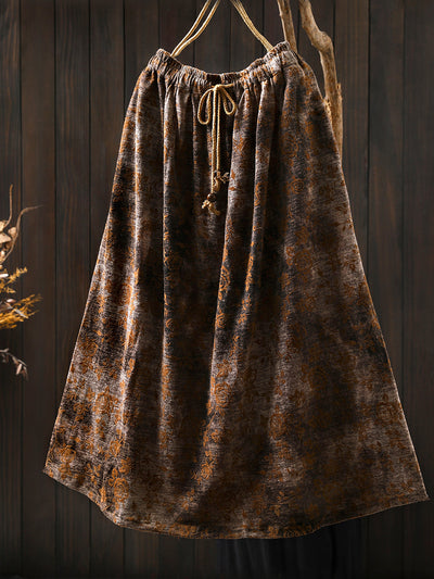 Women Autumn Retro Flower A-Shape Skirt