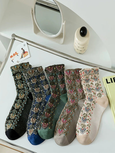 5 Pairs Women Winter Flower Embossing Socks