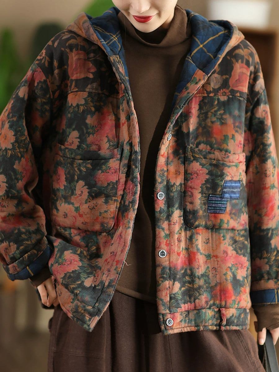 Women Autumn Vintage Flower Cotton Padded Hooded Coat