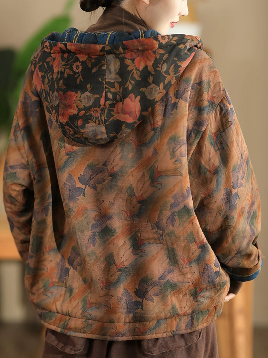 Women Autumn Vintage Flower Cotton Padded Hooded Coat
