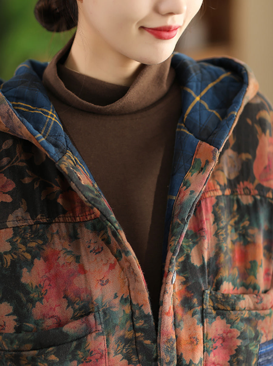 Women Autumn Vintage Flower Cotton Padded Hooded Coat
