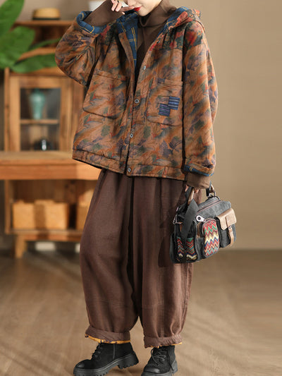 Women Autumn Vintage Flower Cotton Padded Hooded Coat