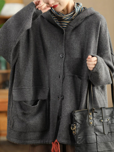 Women Autumn Pure Color Wool Hooded Knitted Coat