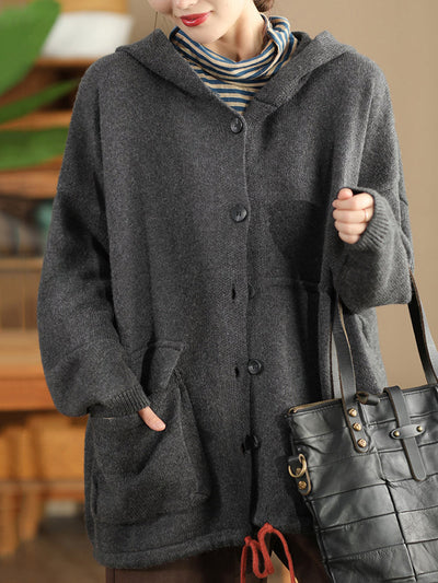 Women Autumn Pure Color Wool Hooded Knitted Coat
