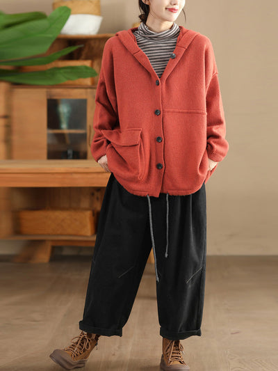 Women Autumn Pure Color Wool Hooded Knitted Coat