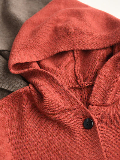 Women Autumn Pure Color Wool Hooded Knitted Coat