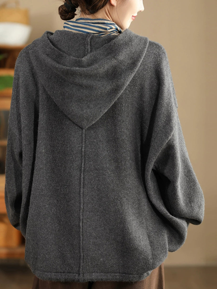Women Autumn Pure Color Wool Hooded Knitted Coat