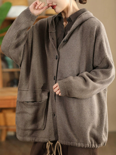 Women Autumn Pure Color Wool Hooded Knitted Coat