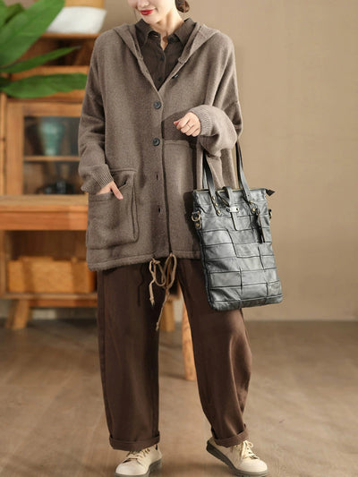 Women Autumn Pure Color Wool Hooded Knitted Coat