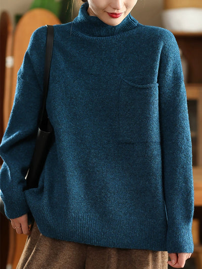 Women Autumn Casual Pure Color Turtleneck Knitted Sweater