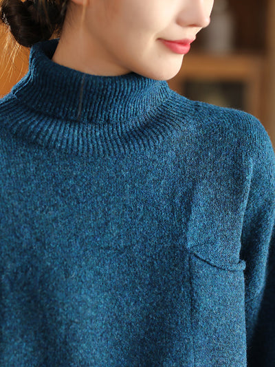 Women Autumn Casual Pure Color Turtleneck Knitted Sweater