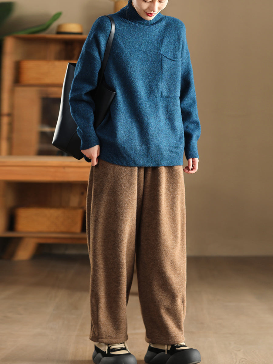 Women Autumn Casual Pure Color Turtleneck Knitted Sweater