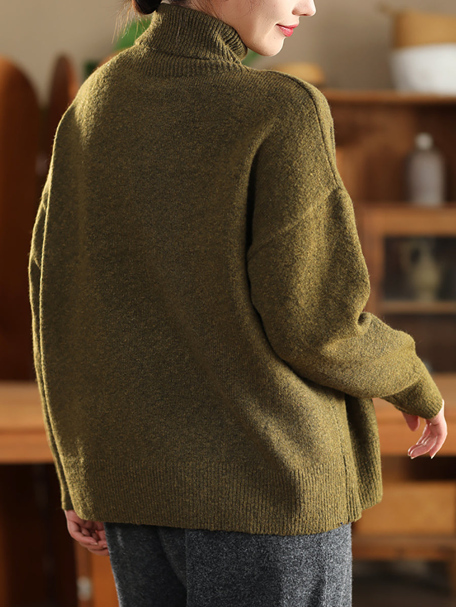 Women Autumn Casual Pure Color Turtleneck Knitted Sweater