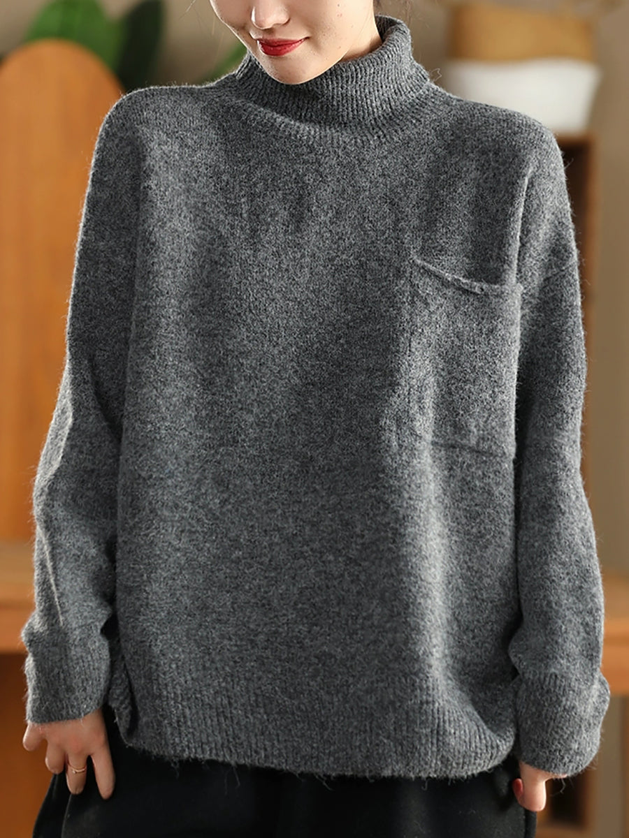Women Autumn Casual Pure Color Turtleneck Knitted Sweater
