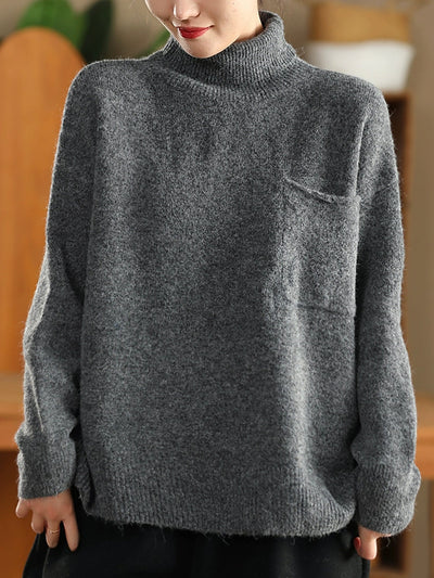 Women Autumn Casual Pure Color Turtleneck Knitted Sweater