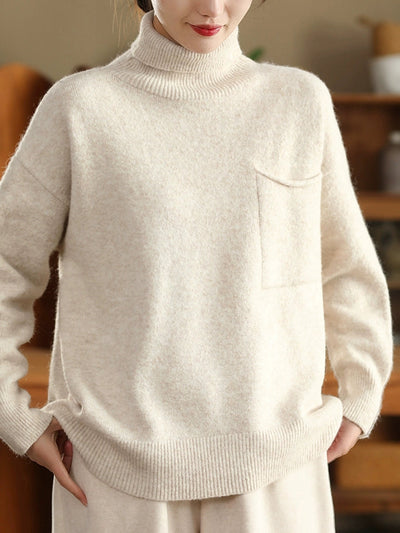 Women Autumn Casual Pure Color Turtleneck Knitted Sweater