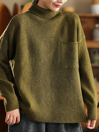 Women Autumn Casual Pure Color Turtleneck Knitted Sweater