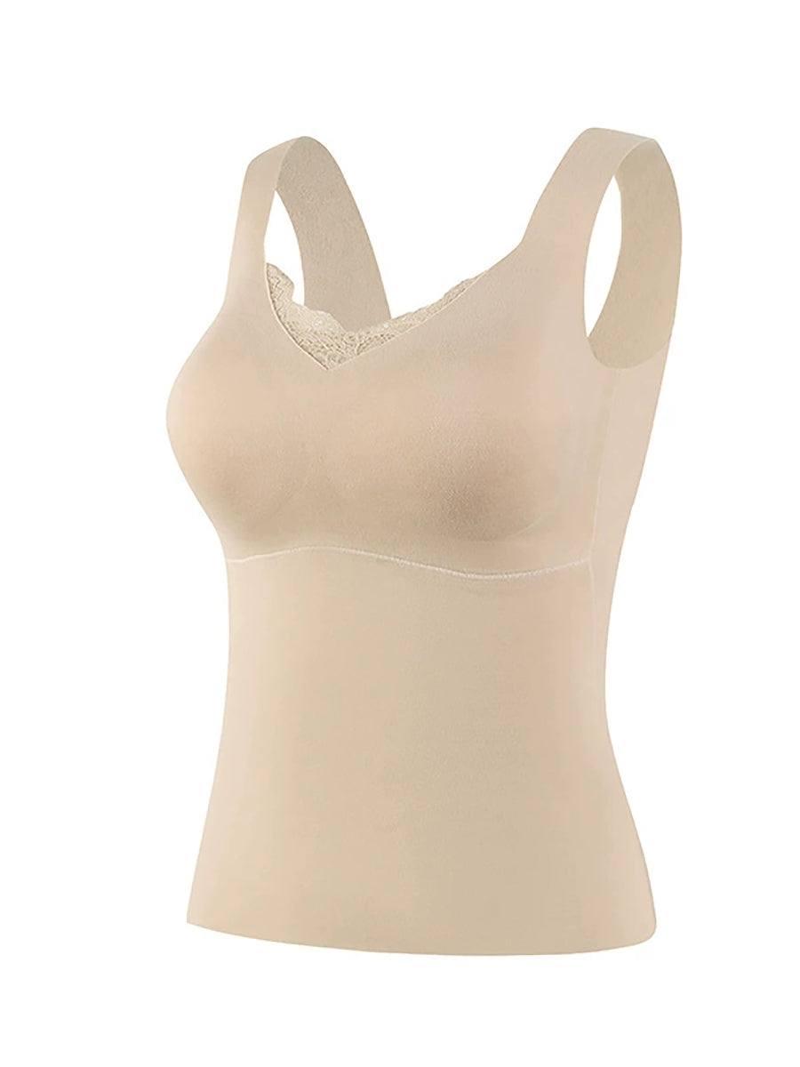 Women Autumn Warm Pure Color V-Neck Lace Base Vest