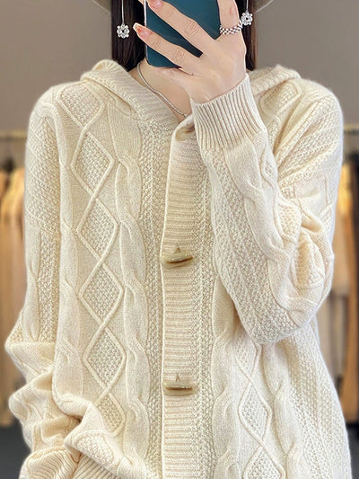 Women Autumn Casual Pure Color Wool Hooded Sweater
