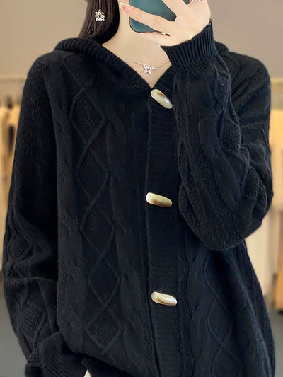 Women Autumn Casual Pure Color Wool Hooded Sweater