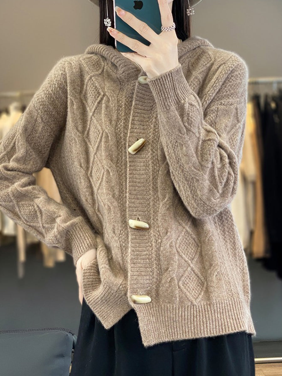 Women Autumn Casual Pure Color Wool Hooded Sweater
