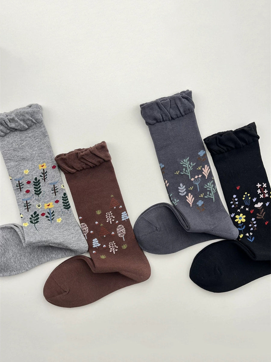 Women Artsy Flower Mid-Heel Cotton Socks