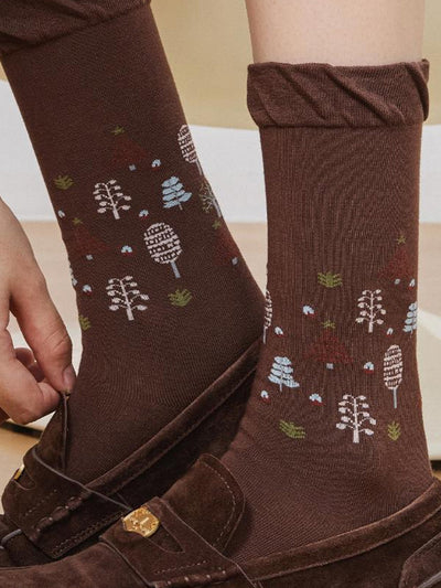 Women Artsy Flower Mid-Heel Cotton Socks