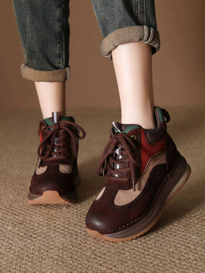Women Vintage Genuine Leather Spliced High-top Shoes
