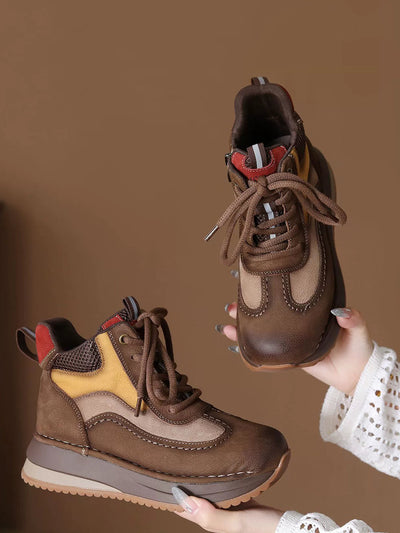 Women Vintage Genuine Leather Spliced High-top Shoes
