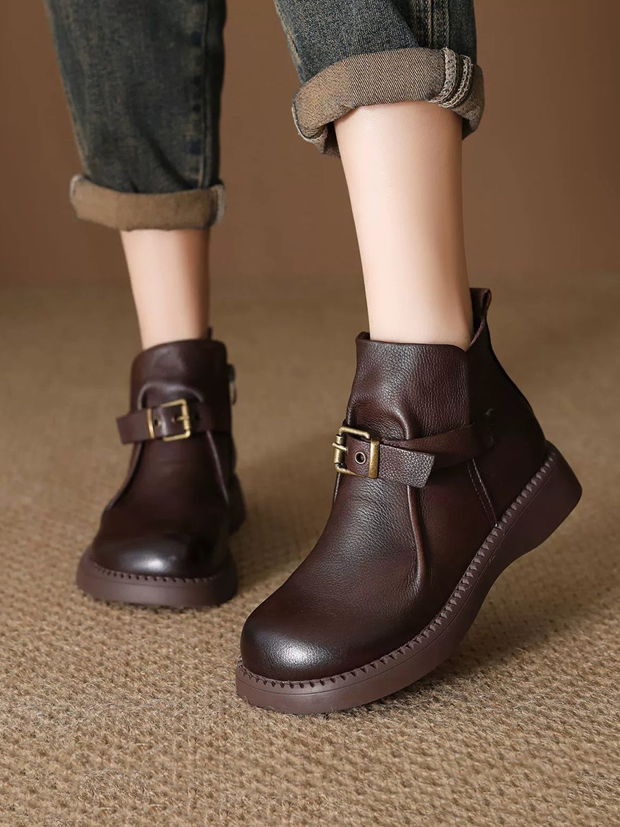 Women Vintage Genuine Leather Mid-Heel Ankle Boots