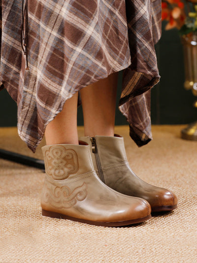 Women Vintage Genuine Leather Flat Ankle Boots