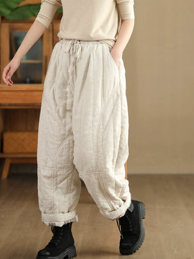 Women Autumn Pure Color 100%Linen Padded Harem Pants