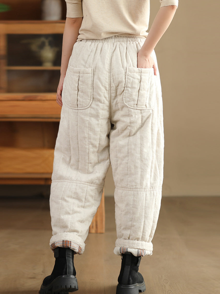 Women Autumn Pure Color 100%Linen Padded Harem Pants