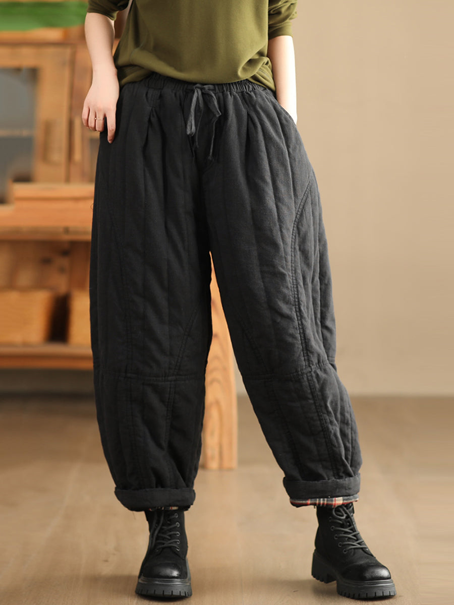Women Autumn Pure Color 100%Linen Padded Harem Pants
