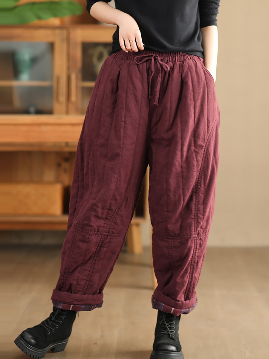 Women Autumn Pure Color 100%Linen Padded Harem Pants