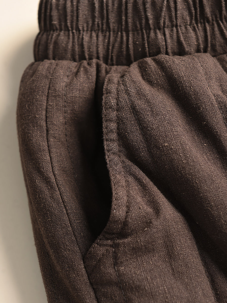 Women Autumn Pure Color 100%Linen Padded Harem Pants