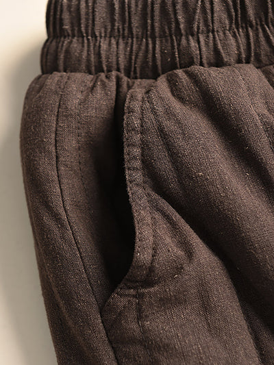 Women Autumn Pure Color 100%Linen Padded Harem Pants