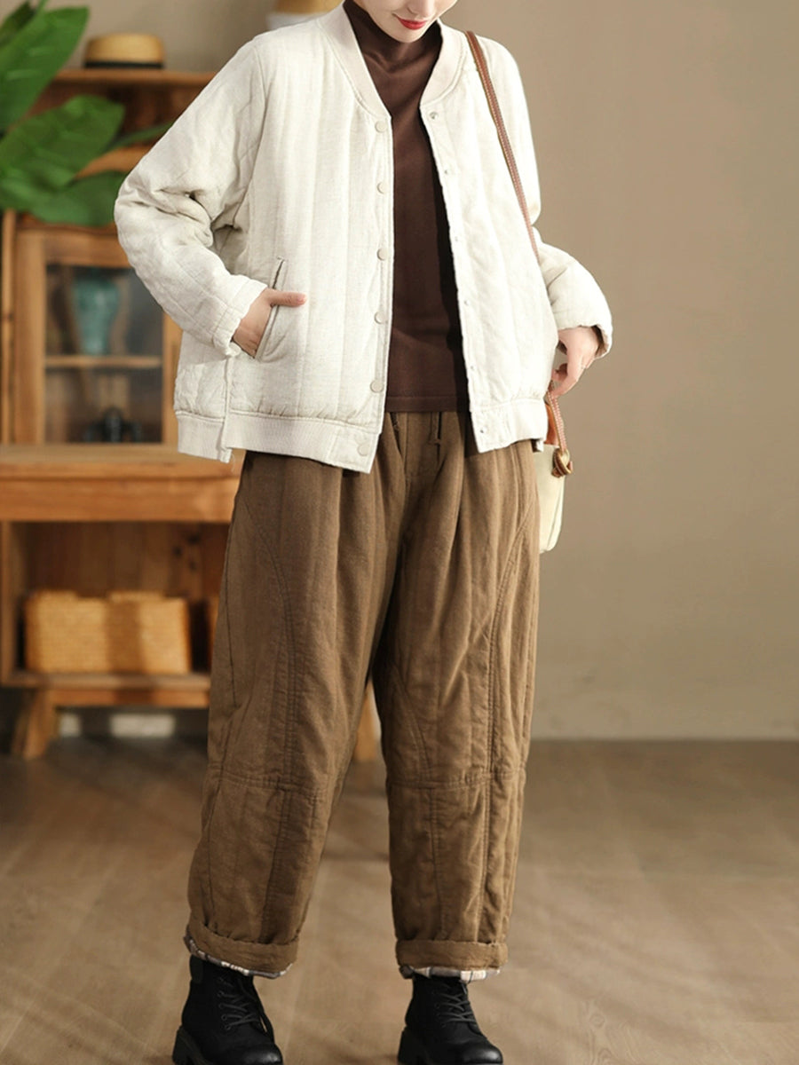 Women Autumn Pure Color 100%Linen Padded Harem Pants
