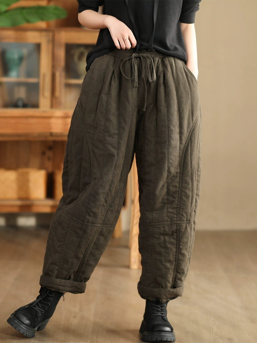 Women Autumn Pure Color 100%Linen Padded Harem Pants