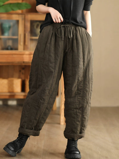 Women Autumn Pure Color 100%Linen Padded Harem Pants