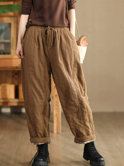 Women Autumn Pure Color 100%Linen Padded Harem Pants