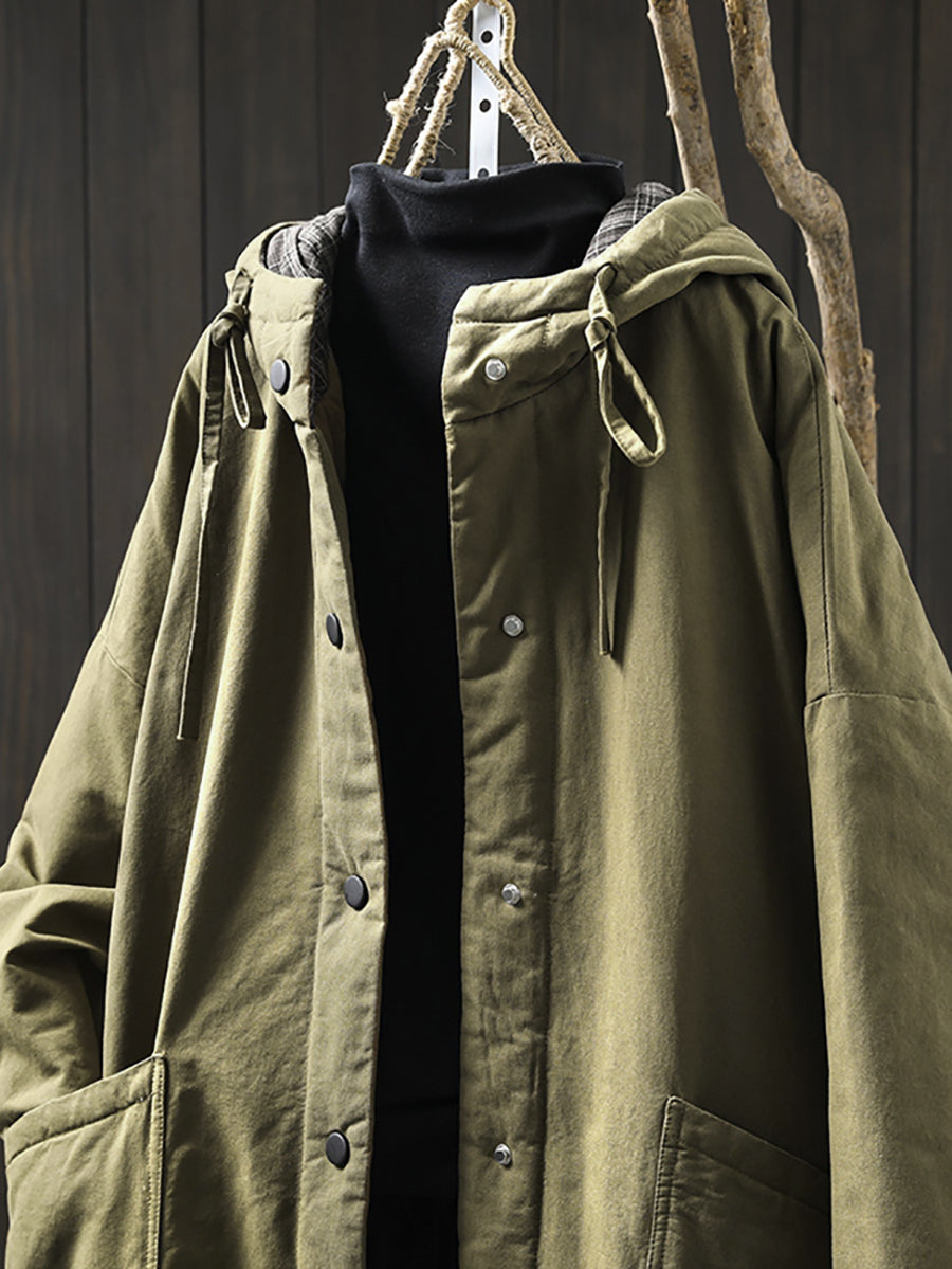 Women Autumn Casual Pure Color Hooded Padded Coat
