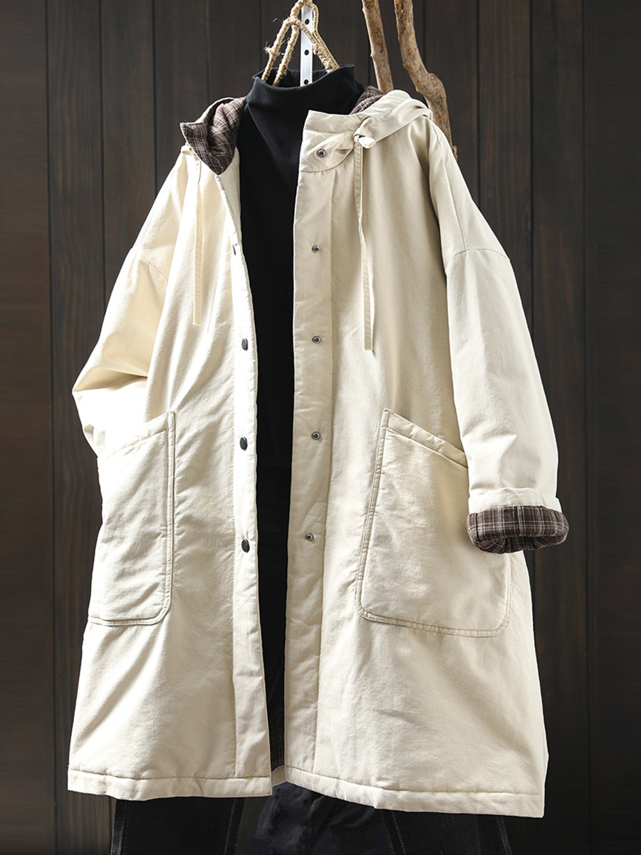 Women Autumn Casual Pure Color Hooded Padded Coat