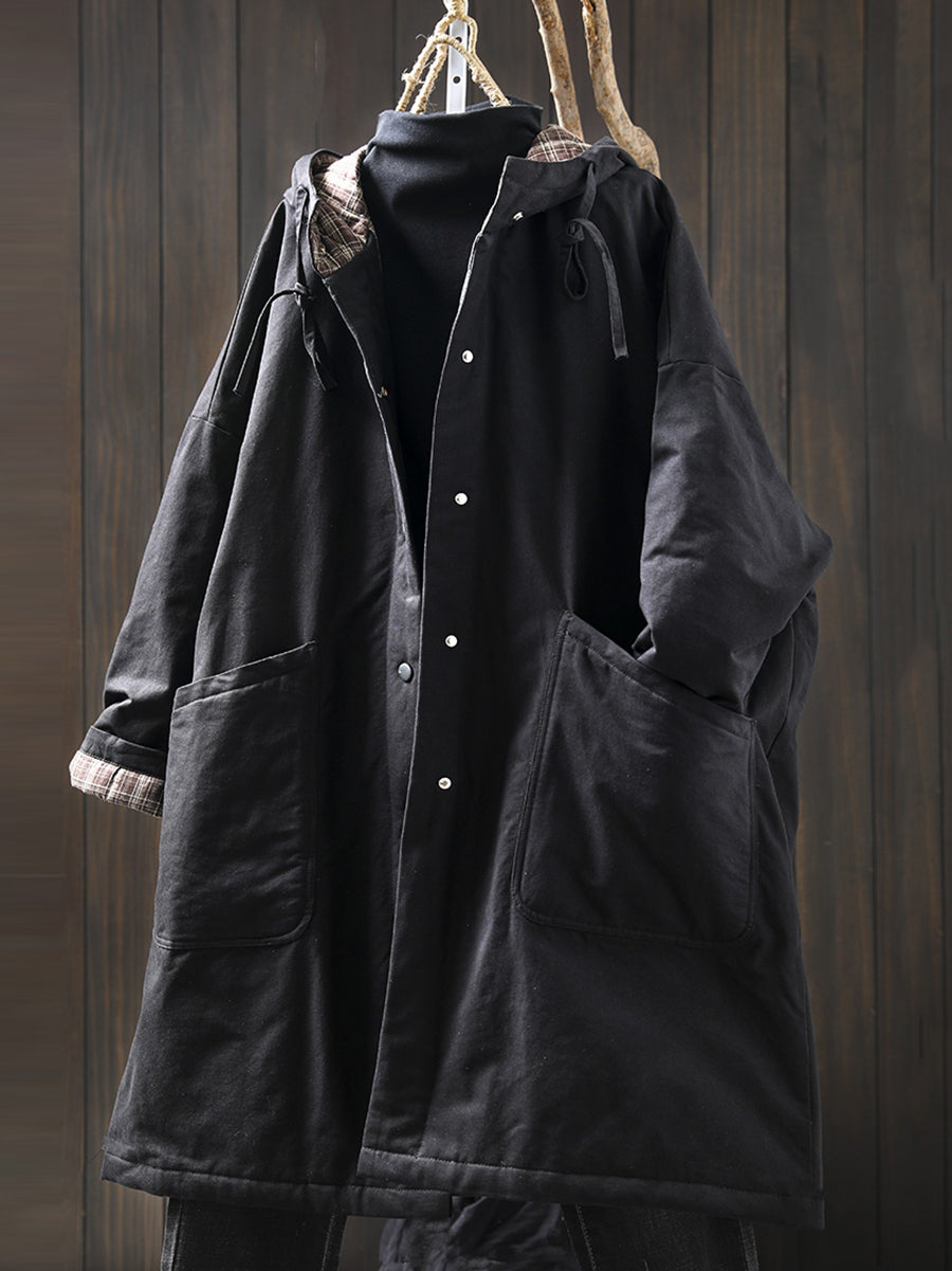 Women Autumn Casual Pure Color Hooded Padded Coat