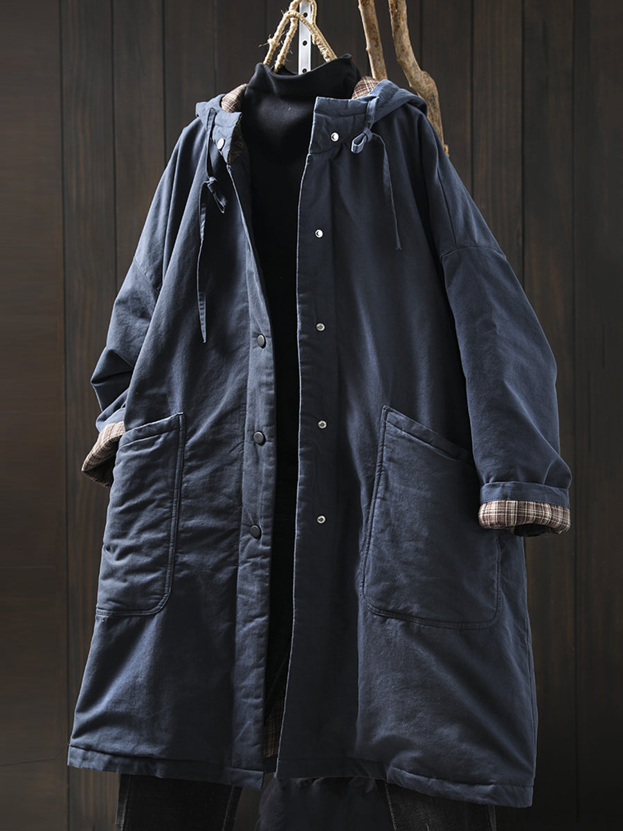 Women Autumn Casual Pure Color Hooded Padded Coat