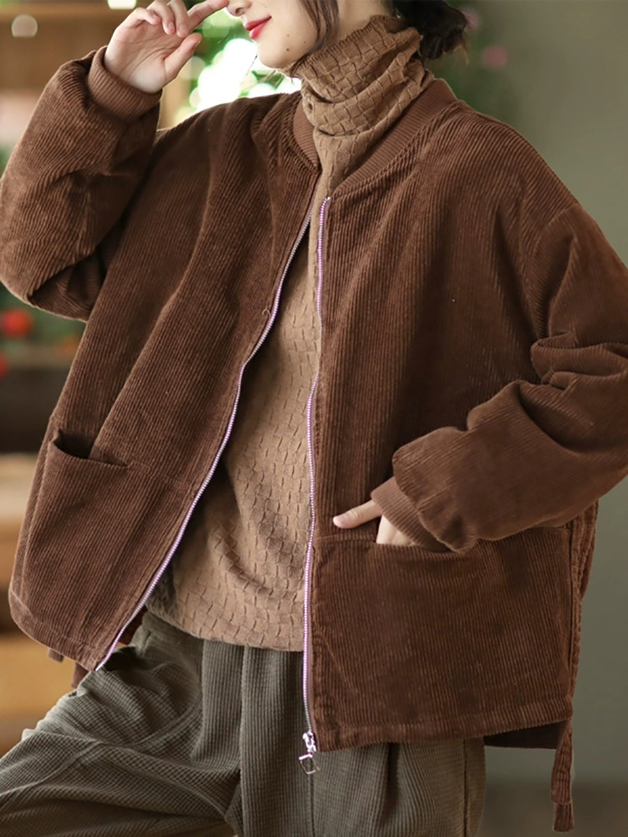 Women Autumn Vintage Pure Color Corduroy Jacket