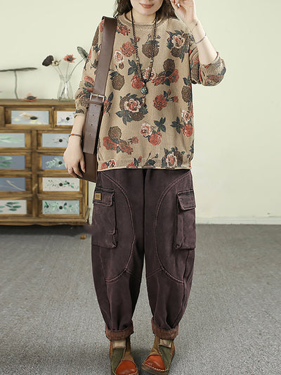 Women Autumn Vintage Flower O-Neck Sweater
