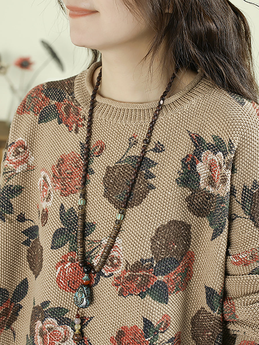 Women Autumn Vintage Flower O-Neck Sweater