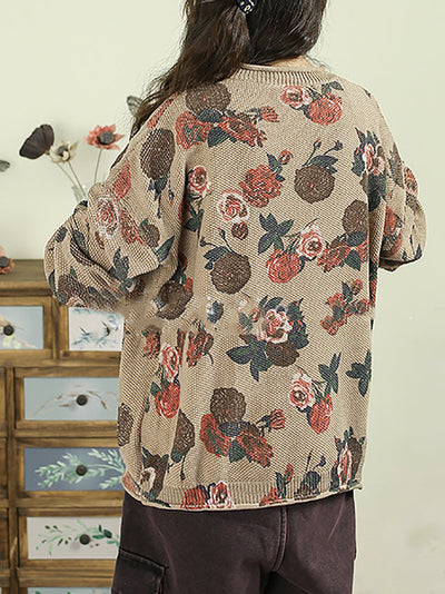 Women Autumn Vintage Flower O-Neck Sweater
